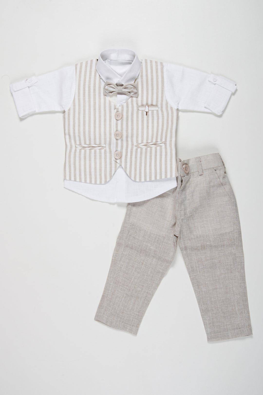 The Nesavu Boys Casual Set Boys Sophisticated Linen Blend Suit Set with Striped Vest and Bow Tie Nesavu Elegant Boys Linen Suit Set | Striped Vest and Grey Pants with Bow Tie | Kids Formal Outfit | The Nesavu