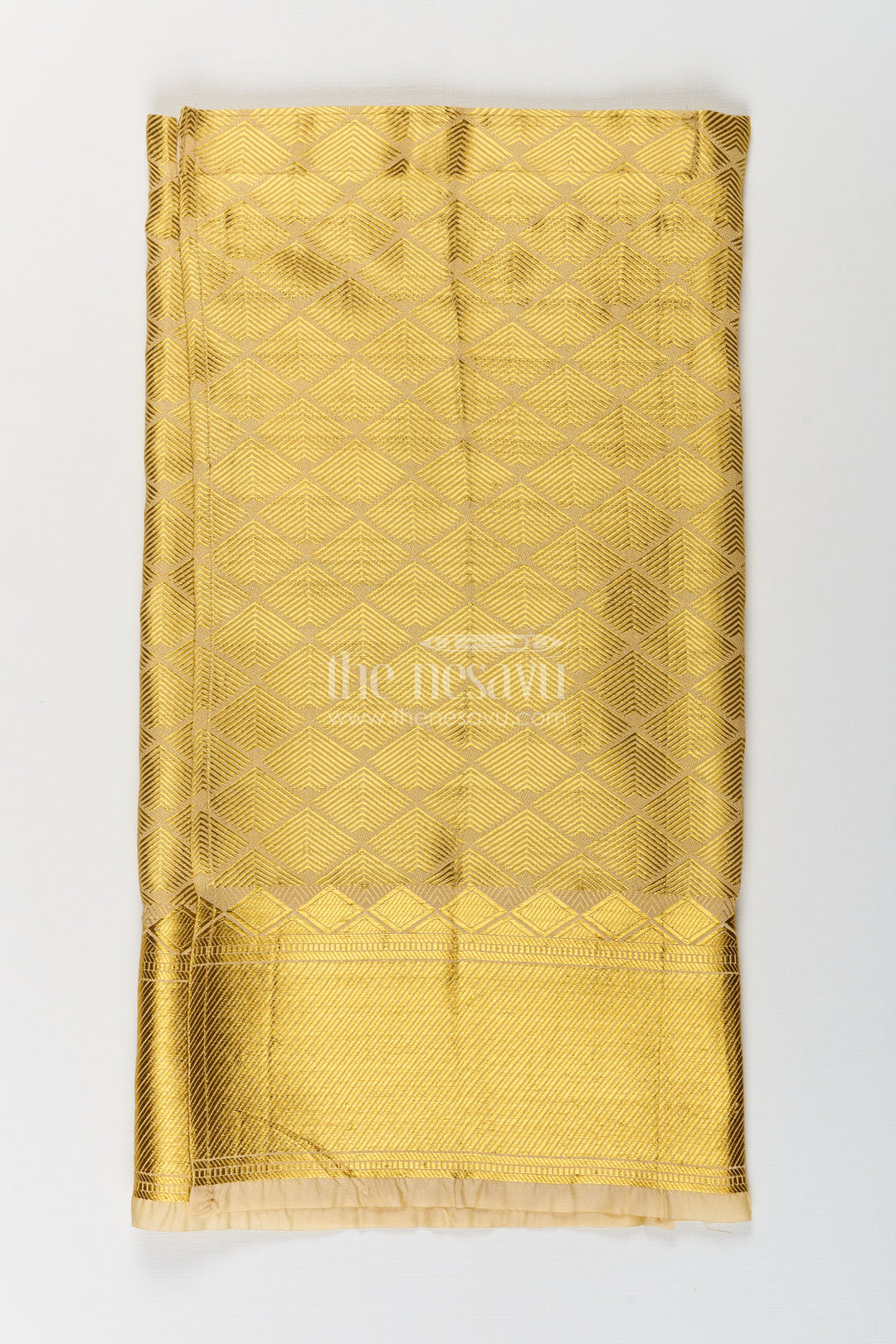 The Nesavu Boys Vesti Boys South Indian Dhoti in Embossed Golden Tissue Fabric with Traditional Diamond Motifs Nesavu South Indian Golden Dhoti Boys Embossed Tissue Diamond Motif Detailing | The Nesavu