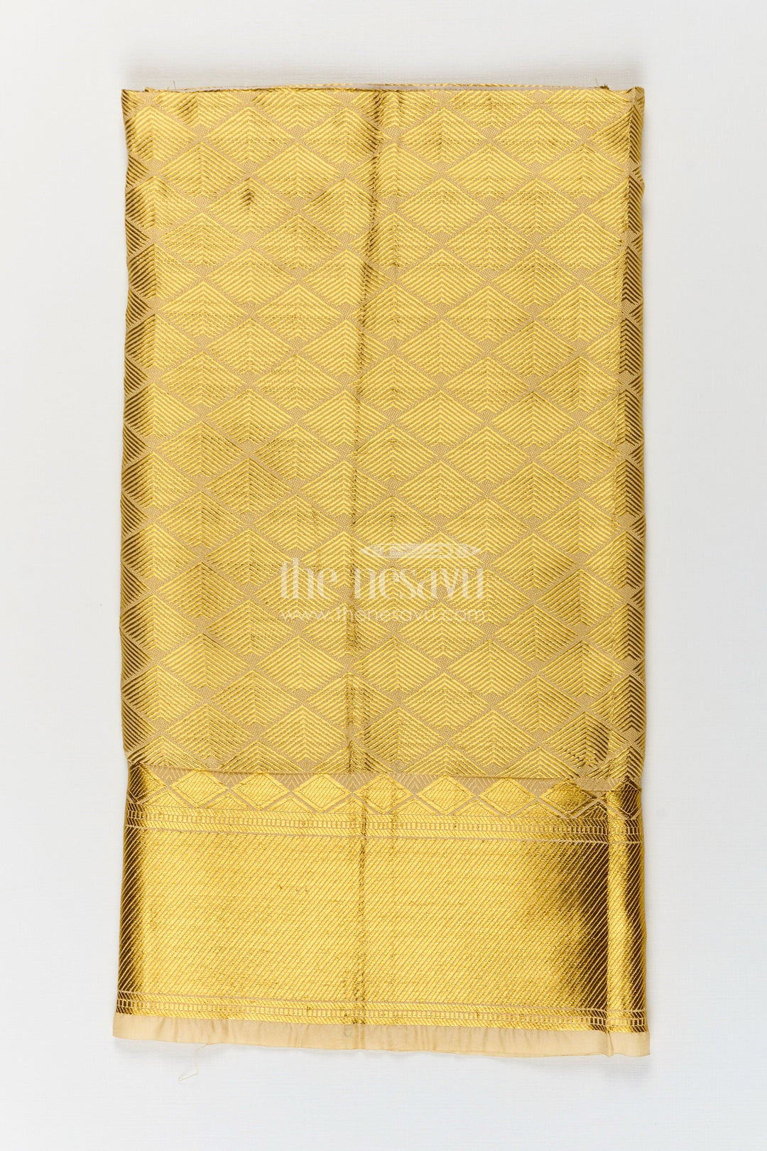 The Nesavu Boys Vesti Boys South Indian Dhoti in Embossed Golden Tissue Fabric with Traditional Diamond Motifs Nesavu South Indian Golden Dhoti Boys Embossed Tissue Diamond Motif Detailing | The Nesavu