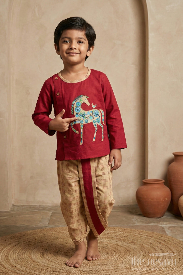 The Nesavu Boys Dothi Set Boys South Indian Dhoti Set in Cotton with Embroidered Horse Kurta for Festive Celebrations Nesavu 10 (NB) / Maroon BES608A-10 Nesavu Boys South Indian Dhoti Set Cotton Embroidered Kurta Pongal Festive Occasions