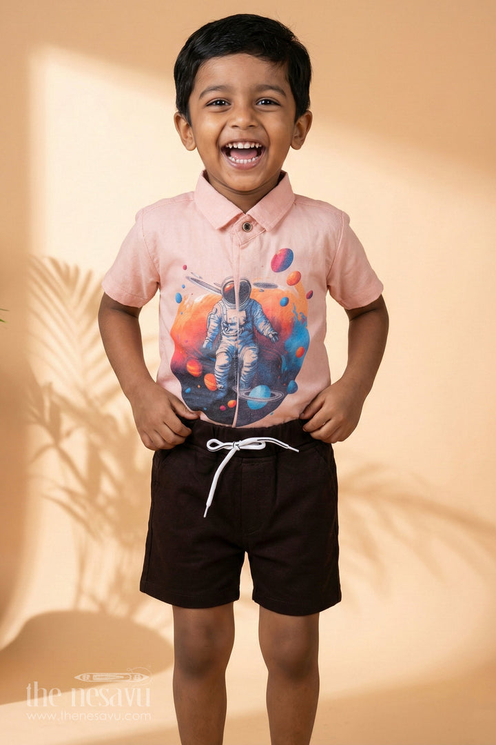 The Nesavu Boys Casual Set Boys Space Adventure Shirt and Shorts Set | Galactic Summer Outfit Nesavu 16 (1Y) / Peach / Poly Cotton BCS035A-16 Boys Astronaut Printed Shirt and Shorts Set | The Nesavu