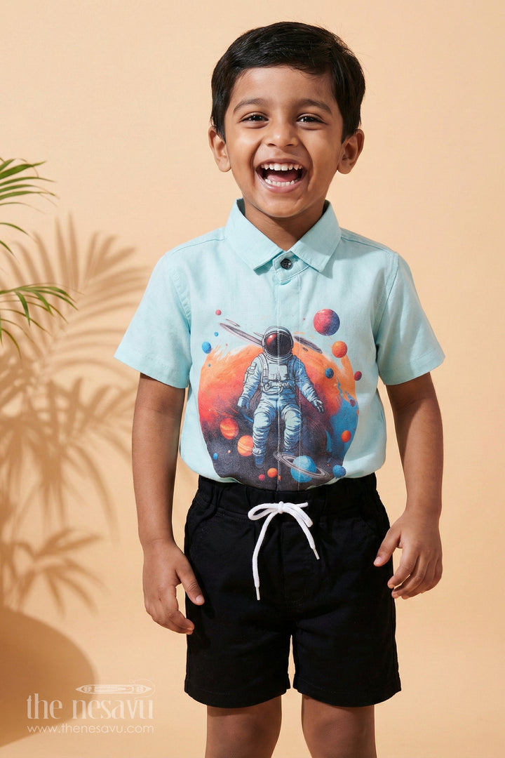 The Nesavu Boys Casual Set Boys Space Odyssey Shirt and Shorts Set | Cosmic Exploration Outfit Nesavu 16 (1Y) / Blue / Poly Cotton BCS035B-16 Kids Space Themed Casual Wear Set | The Nesavu