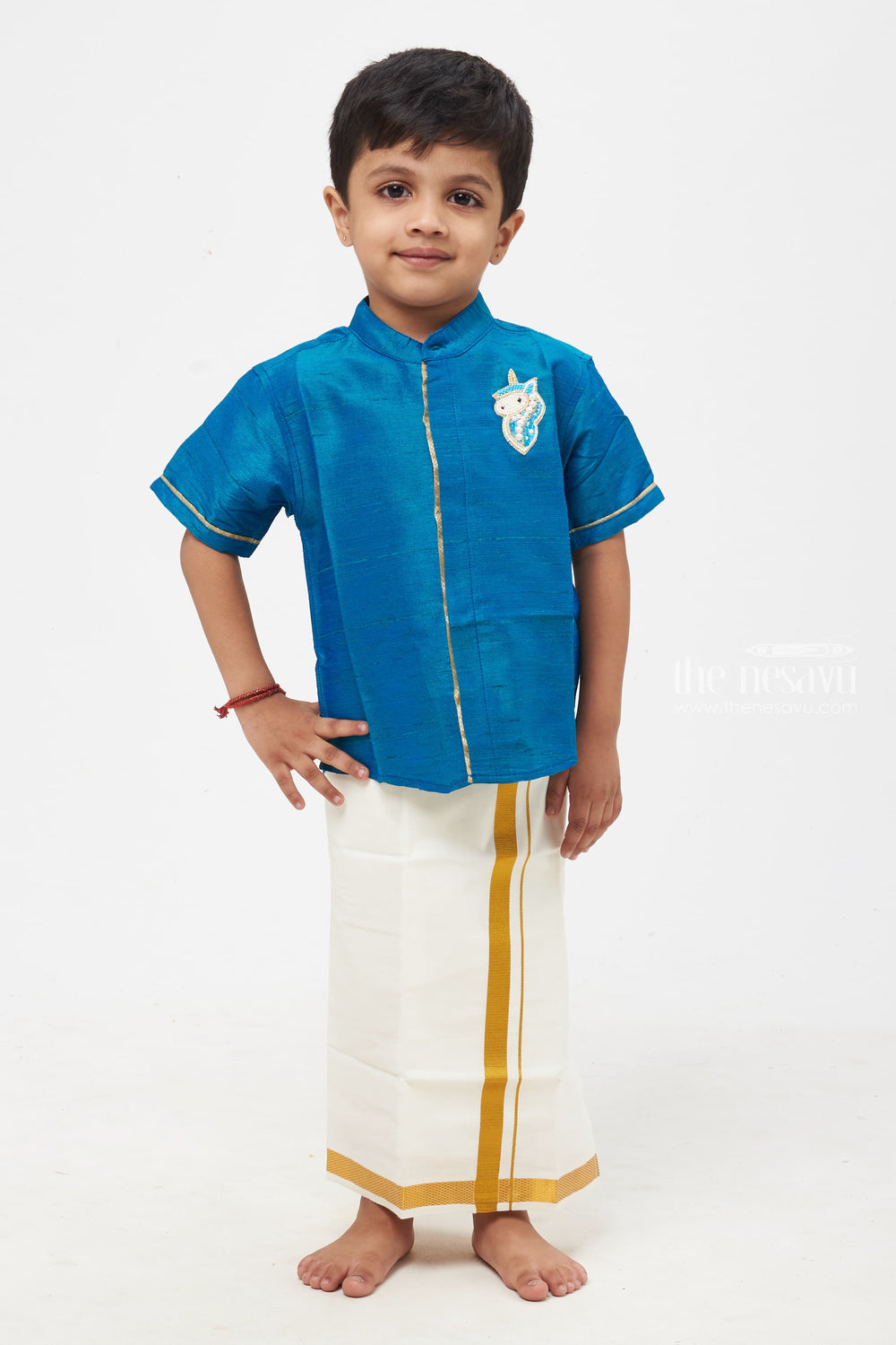 The Nesavu Boys Silk Shirt Boys Splendid Azure Blue Silk Shirt Ensemble with Pearl-Studded Equestrian Motif Nesavu 16 (1Y) / Blue / Blend Silk BS111B-16 Kids Traditional Azure Blue Silk Wear | Boys' Festival-Ready Silk Shirt | The Nesavu