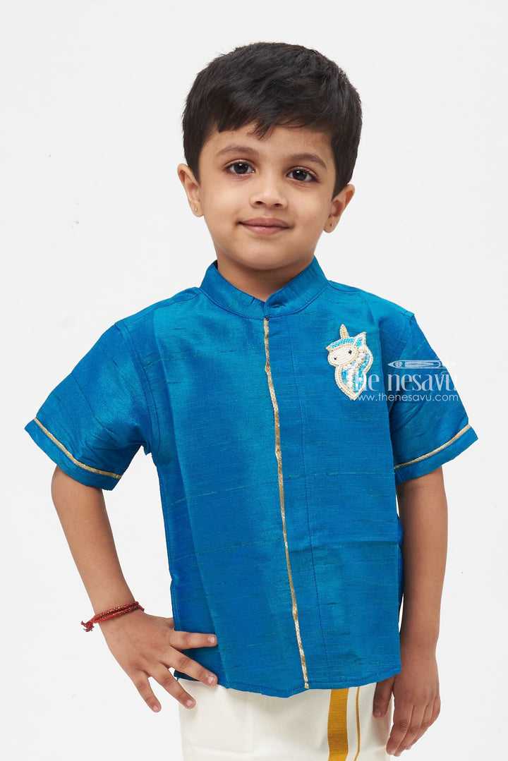 The Nesavu Boys Silk Shirt Boys Splendid Azure Blue Silk Shirt Ensemble with Pearl-Studded Equestrian Motif Nesavu Kids Traditional Azure Blue Silk Wear | Boys' Festival-Ready Silk Shirt | The Nesavu