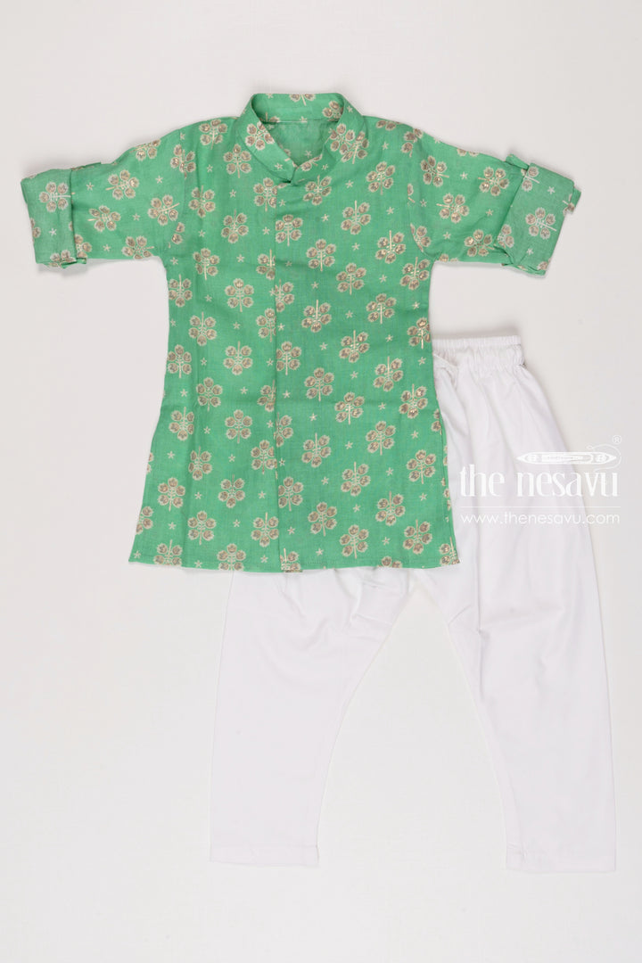 Boys Spring Green Floral Kurta with White Pants Set