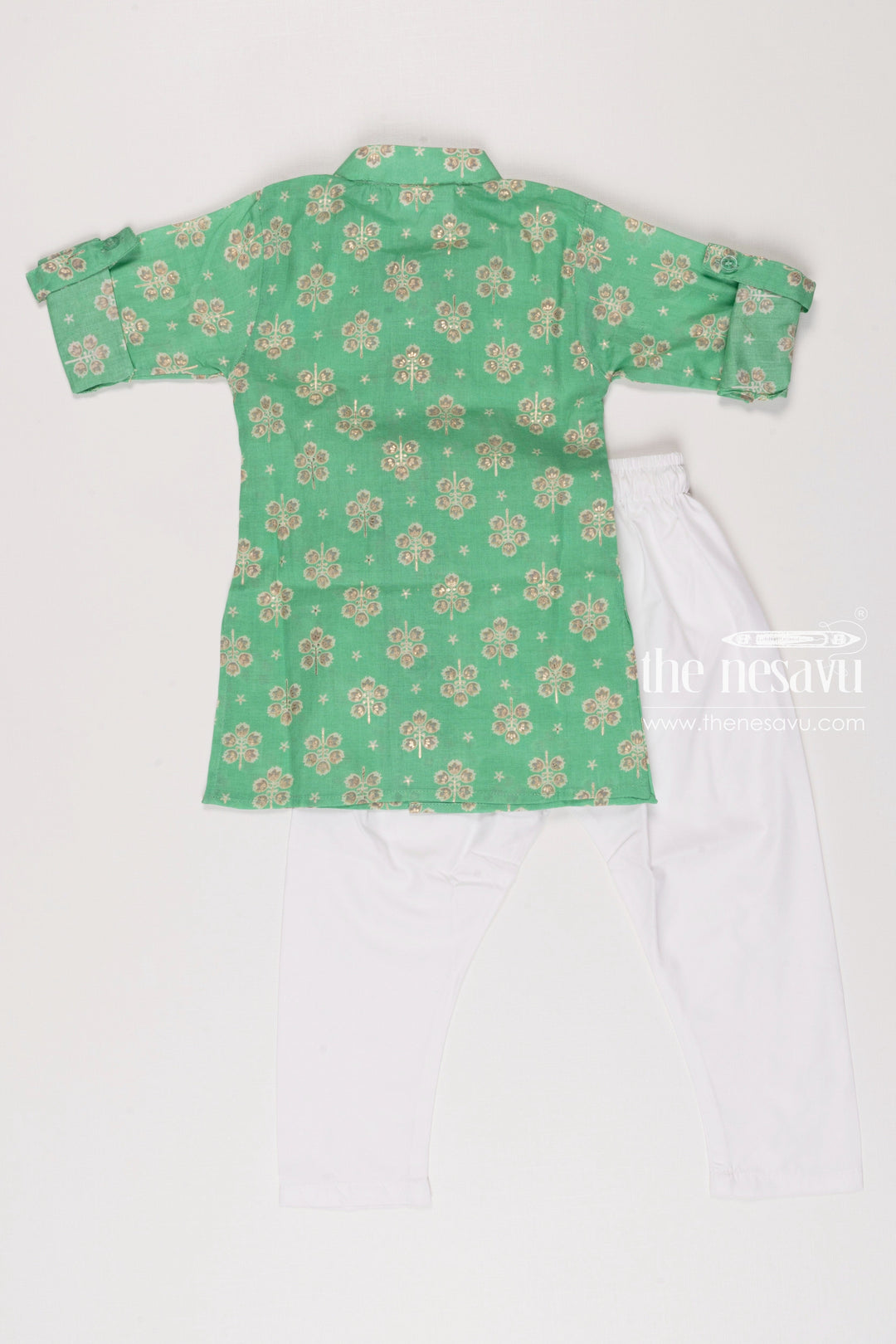 The Nesavu Boys Kurtha Set Boys Spring Green Floral Kurta with White Pants Set Nesavu 16 (1Y) / Green / Cotton BES481A-16 Spring Green Boys Kurta Set | Floral Ethnic Wear for Kids | Boys Festive Outfit | The Nesavu