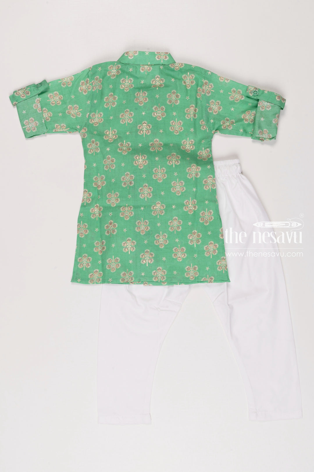 Boys Spring Green Floral Kurta with White Pants Set