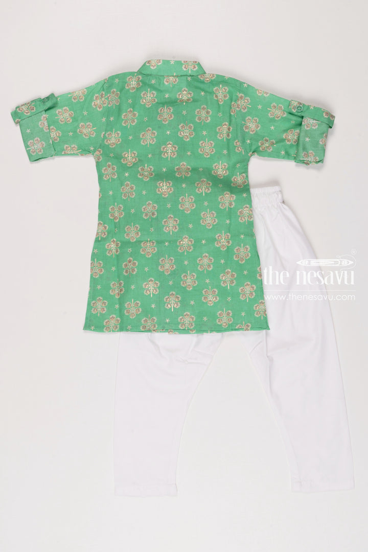 Boys Spring Green Floral Kurta with White Pants Set