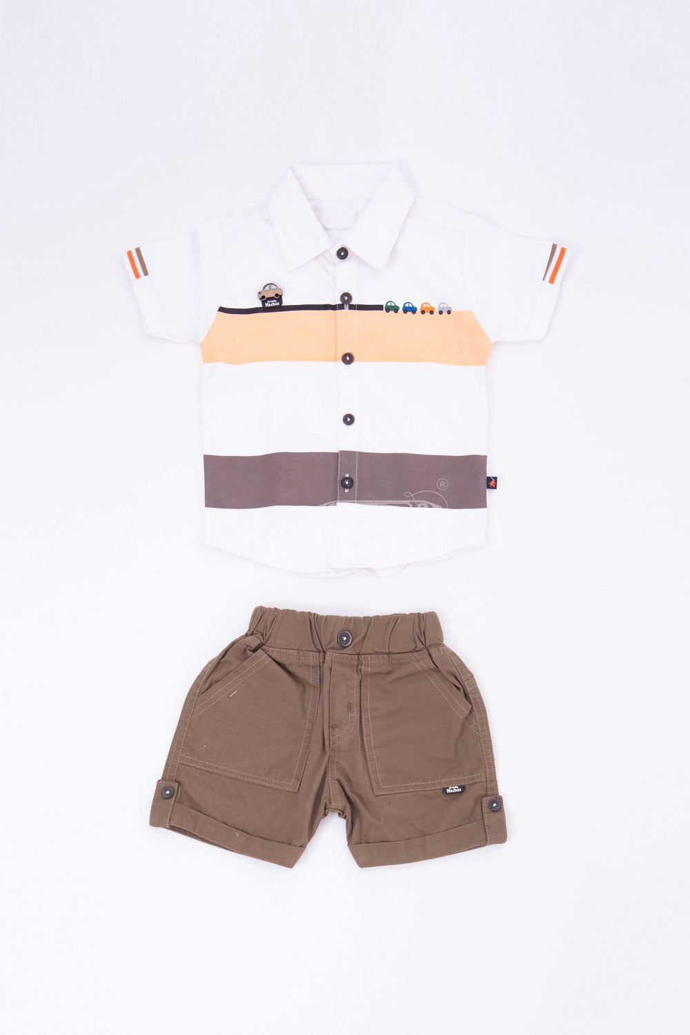 The Nesavu Boys Casual Set Boys' Striped Car Print Shirt & Shorts Set - Orange/Green Nesavu Boys' Striped Car Print Shirt & Shorts Set - Orange/Green - Sizes 1Y-5Y