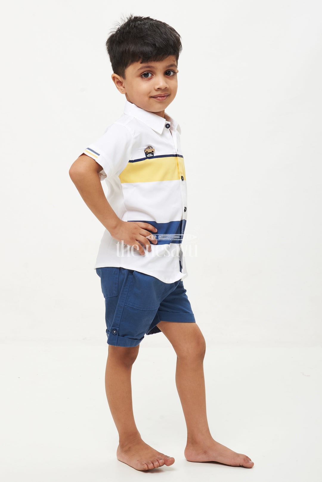 The Nesavu Boys Casual Set Boys' Striped Car Print Shirt & Shorts Set - Yellow/Navy Nesavu Boys' Striped Car Print Shirt & Shorts Set - Yellow/Navy - Sizes 1Y-5Y