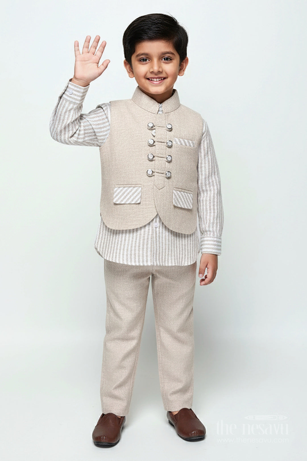The Nesavu Boys Casual Set Boys Striped Casual Set for Festive Day Outs and Celebrations Nesavu 14 (6M) / Beige BCS469A-14 Nesavu boys cotton stripe casual outfit set festive occasions