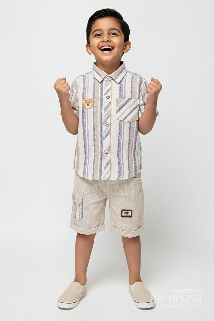 The Nesavu Boys Casual Set Boys Striped Cotton Casual Set for Summer Comfort and Family Functions Nesavu 16 (1Y) / Beige BCS459A-16 Nesavu boys striped cotton outfit ethnic casual wear temple visits summer outings