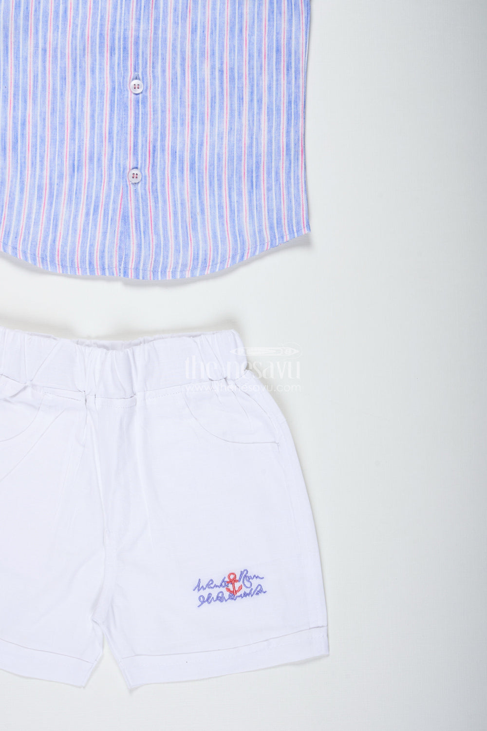 The Nesavu Boys Casual Set Boys Striped Cotton Shirt and White Shorts Set for Smart Casual Wear Nesavu Nesavu Boys Striped Cotton Shirt Embroidered White Shorts Set Travel Smart Dressing