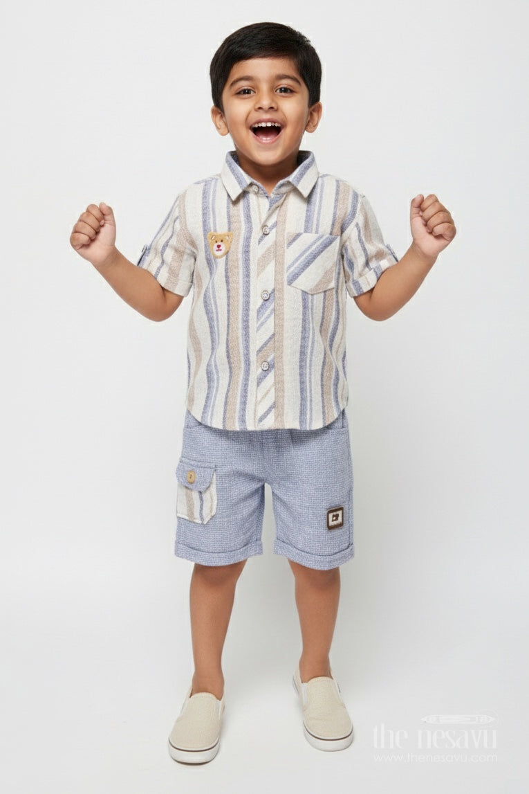 The Nesavu Boys Casual Set Boys Striped Outfit for Casual Events and Everyday Dressing Nesavu 16 (1Y) / Blue BCS459B-16 Nesavu boys striped cotton set shirt shorts everyday wear casual dressing