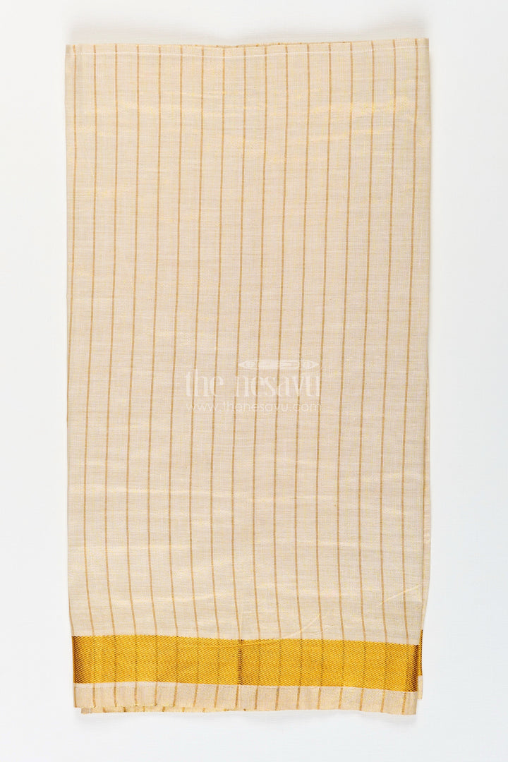 The Nesavu Boys Vesti Boys Striped Tissue Dhoti with Gold Border for Versatile Wear in Dhoti Online Shopping Trend Nesavu Boys Dhoti Online Shopping Edition Tissue Striped Fabric Gold Zari Border | The Nesavu