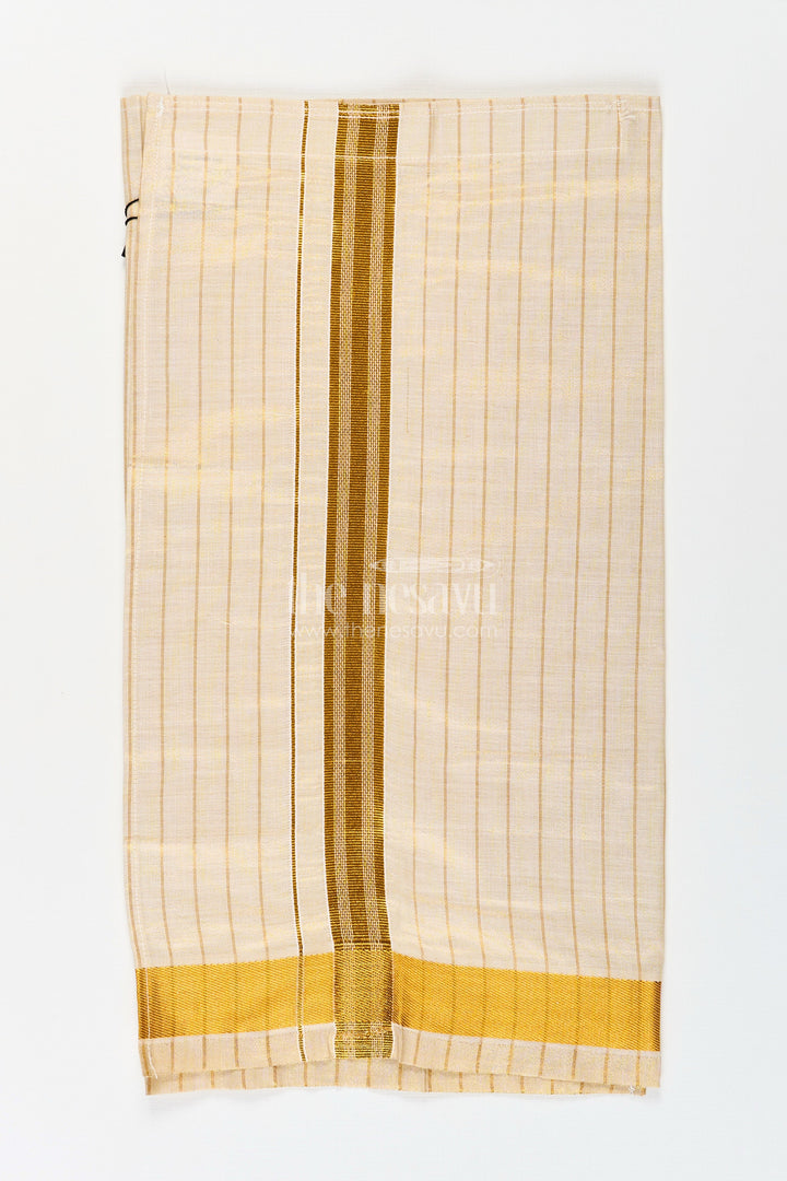 The Nesavu Boys Vesti Boys Striped Tissue Dhoti with Gold Border for Versatile Wear in Dhoti Online Shopping Trend Nesavu Boys Dhoti Online Shopping Edition Tissue Striped Fabric Gold Zari Border | The Nesavu