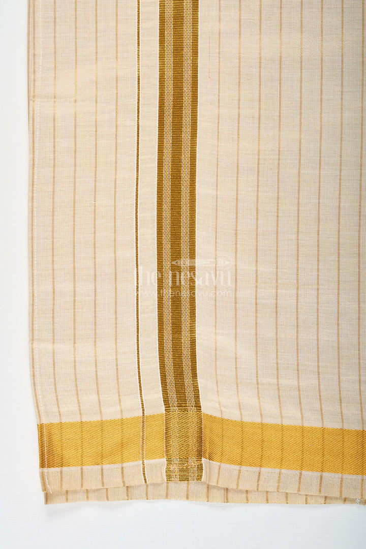 The Nesavu Boys Vesti Boys Striped Tissue Dhoti with Gold Border for Versatile Wear in Dhoti Online Shopping Trend Nesavu Boys Dhoti Online Shopping Edition Tissue Striped Fabric Gold Zari Border | The Nesavu