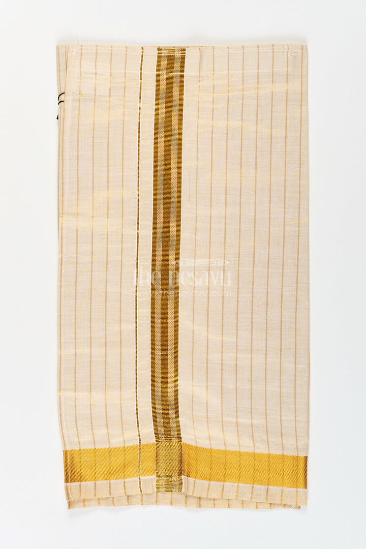 The Nesavu Boys Vesti Boys Striped Tissue Dhoti with Gold Border for Versatile Wear in Dhoti Online Shopping Trend Nesavu Boys Dhoti Online Shopping Edition Tissue Striped Fabric Gold Zari Border | The Nesavu