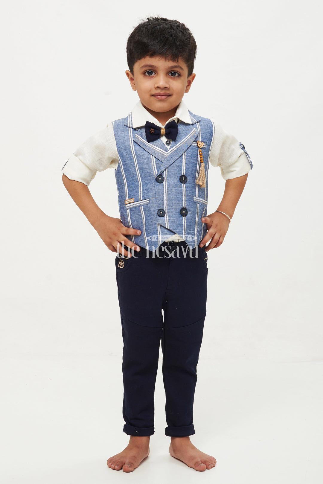 The Nesavu Baby Casual Sets Boys Striped Waistcoat Shirt Bowtie Pants Set - Blue/Cream Nesavu 16 (1Y) / Blue BCS063A-16 Boys' 4-Piece Striped Waistcoat, Shirt, Bowtie & Pants Set - Sizes 1Y-7Y