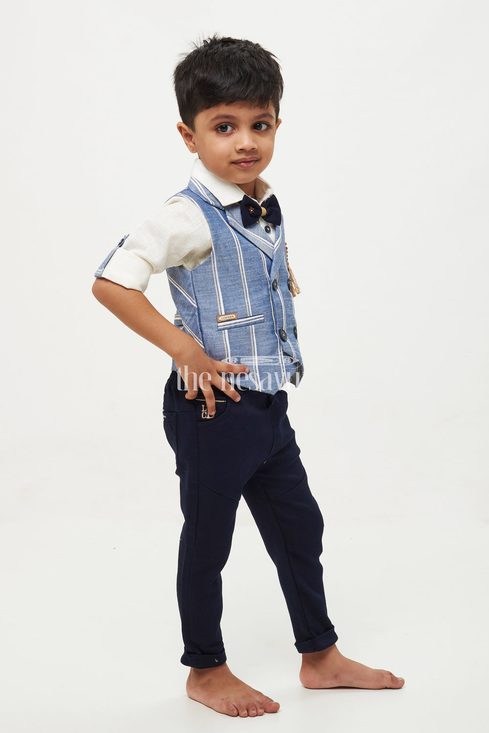 The Nesavu Baby Casual Sets Boys Striped Waistcoat Shirt Bowtie Pants Set - Blue/Cream Nesavu Boys' 4-Piece Striped Waistcoat, Shirt, Bowtie & Pants Set - Sizes 1Y-7Y