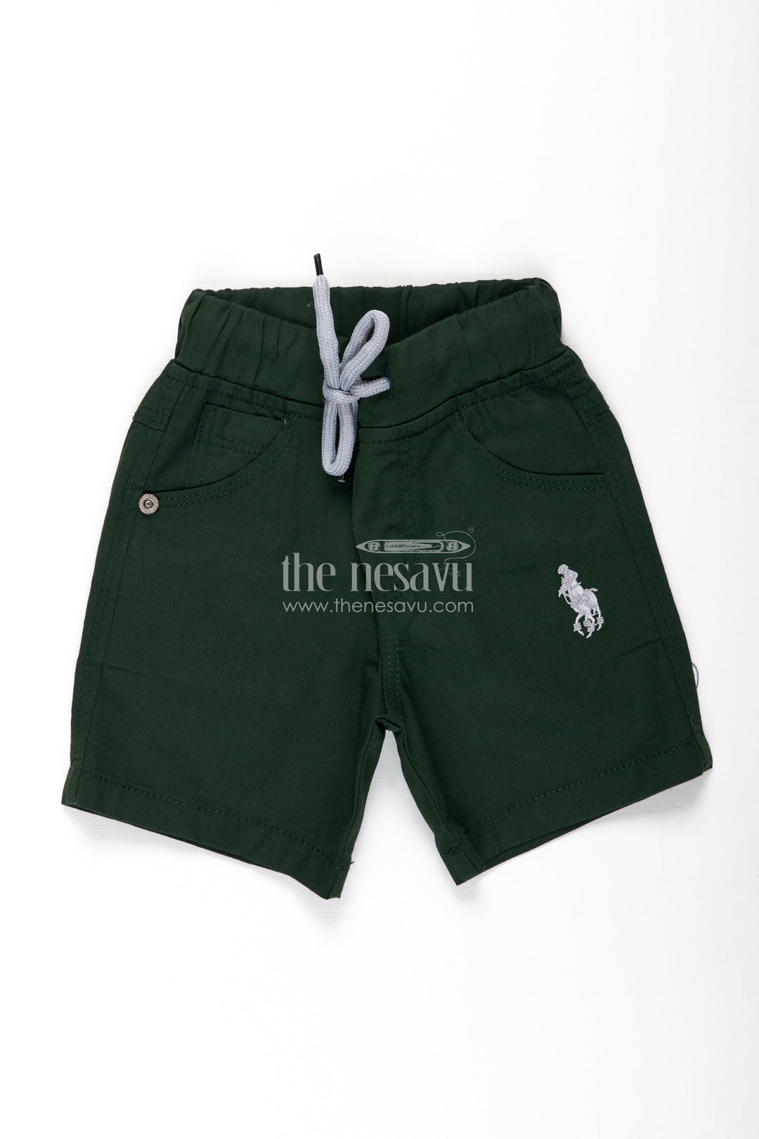 The Nesavu Boys Shorts Boys Stylish Black Cotton Shorts with Elastic Waistband and Drawstring Nesavu 18 (2Y) / Green BWS001L-18 Boys Stylish Black Cotton Shorts Drawstring Embroidered Detail Comfort | The Nesavu