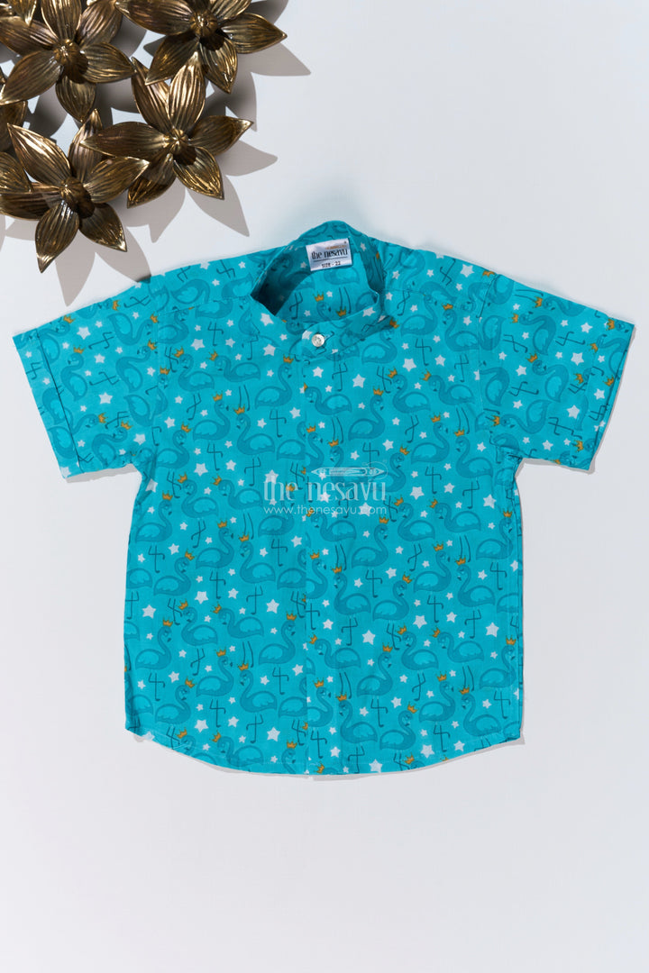 The Nesavu Boys Cotton Shirt Boys Stylish Casual Shirts in Cotton Block Print with Playful Flamingo Design Nesavu 16 (1Y) / Turquoise BS243A-16 Boys Stylish Casual Shirts Cotton Block Print Flamingo Print | The Nesavu