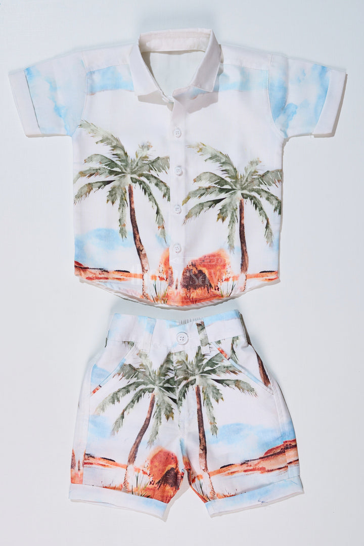 The Nesavu Boys Casual Set Boys Stylish Casual Shirts with Palm Tree Print and Matching Beach Shorts Nesavu 16 (1Y) / White BCS216A-16 Boys Stylish Casual Shirts Palm Tree Print Matching Beach Shorts | The Nesavu