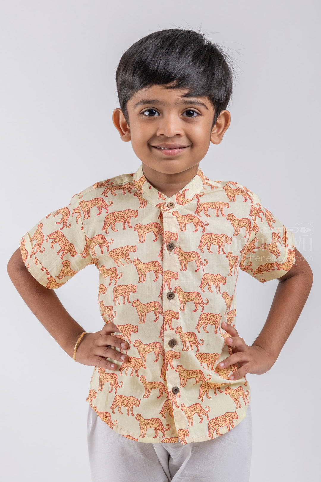 The Nesavu Boys Cotton Shirt Boys' Stylish Leopard Print Shirt | Premium Cotton | Nesavu | Trendy and Wild Fashion psr silks Nesavu 14 (6M) / Yellow / Cotton BS038A