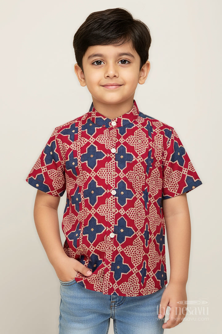 The Nesavu Boys Cotton Shirt Boys Stylish Shirt for Wedding Functions in Bright Red with Geometric Digital Print On Soft Cotton Nesavu 16 (1Y) / Red BS261A-16 Nesavu Boys Stylish Cotton Shirt Geometric Digital Print Traditional Wedding Occasions