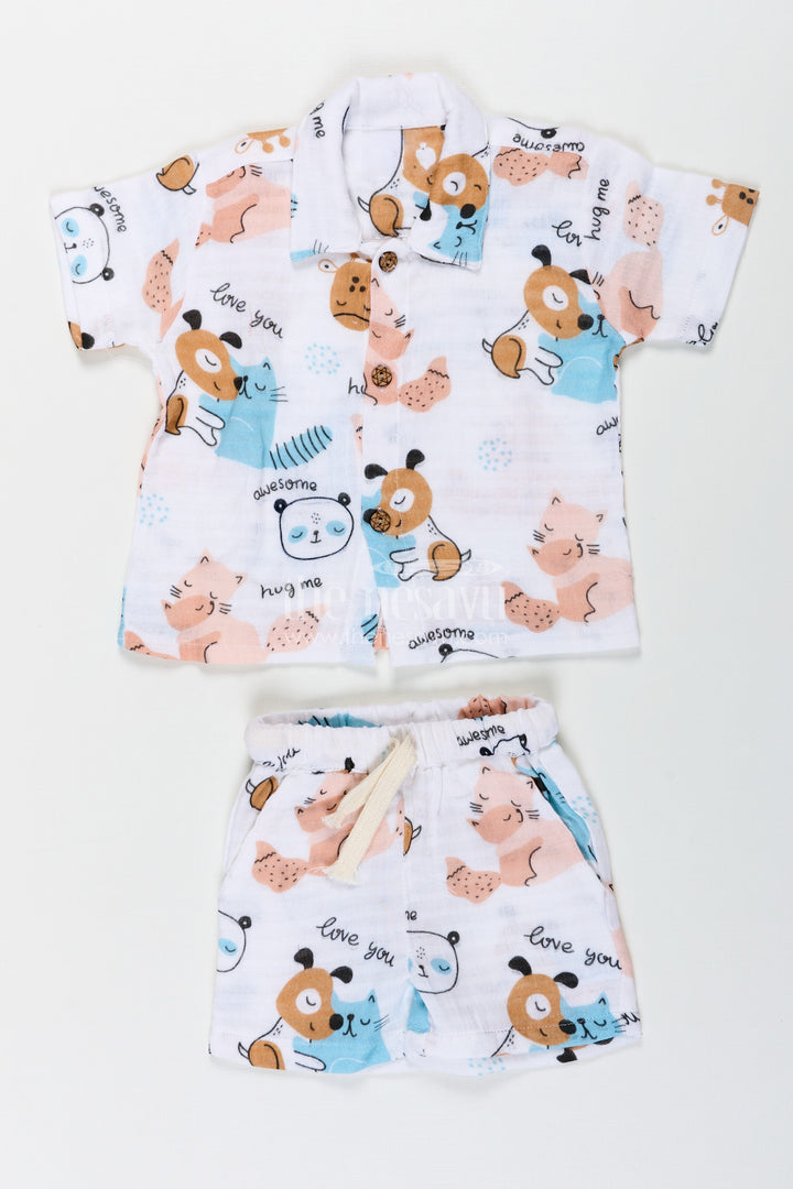 The Nesavu Boys Casual Set Boys Stylish Solid Casual Shirt Set with Adorable Animal Prints and Soft Muslin Fabric for Everyday Adventures Nesavu 14 (6M) / White BCS237A-14 Boys Stylish Solid Casual Shirt and Shorts with Playful Animal Prints in Soft Muslin Fabric | The Nesavu