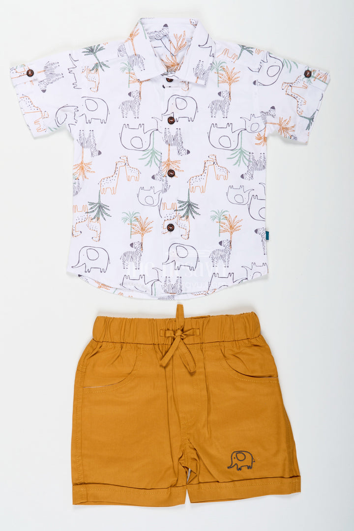 The Nesavu Boys Casual Set Boys Summer Casual Clothes Set with Animal Digital Print Shirt and Mustard Shorts in Cool Cotton Nesavu 14 (6M) / White BCS247A-14 Boys Summer Casual Clothes Set Animal Print Cotton Shirt Mustard Shorts | The Nesavu