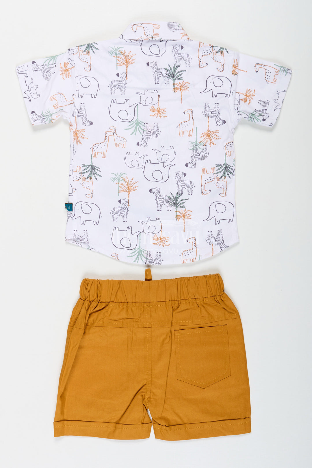 The Nesavu Boys Casual Set Boys Summer Casual Clothes Set with Animal Digital Print Shirt and Mustard Shorts in Cool Cotton Nesavu Boys Summer Casual Clothes Set Animal Print Cotton Shirt Mustard Shorts | The Nesavu