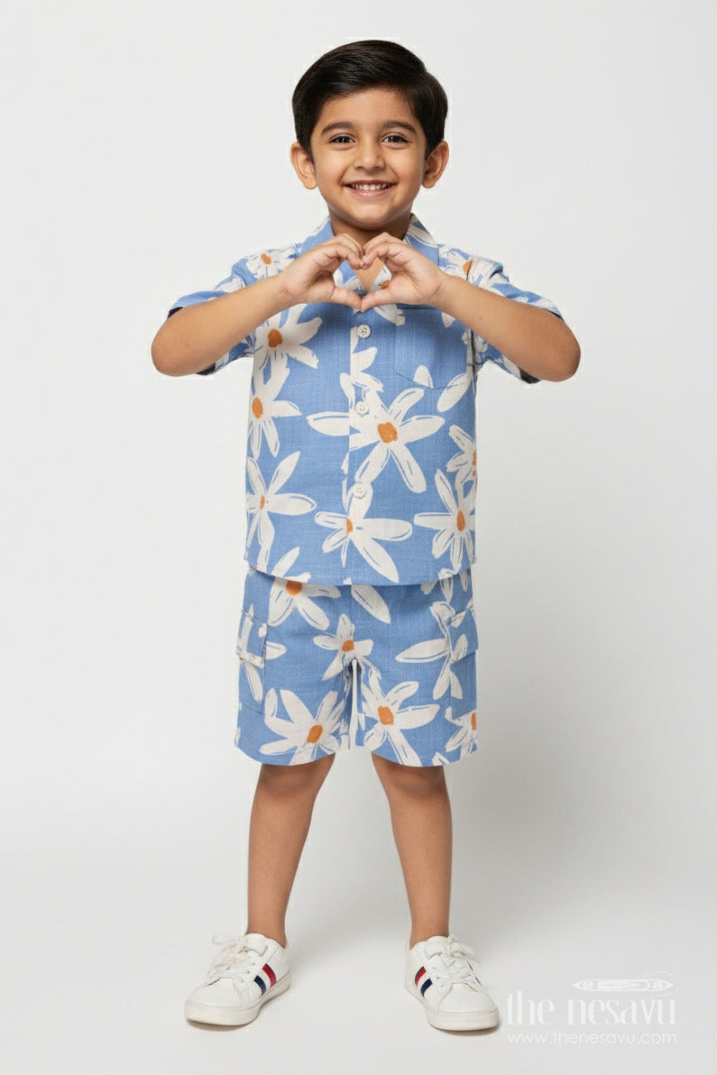 The Nesavu Boys Casual Set Boys Summer Cotton Floral Shirt and Shorts Set – Blue Nesavu 12 (3M) / Blue BCS542A-12 Nesavu boys cotton summer floral shirt and shorts set in blue for casual outings