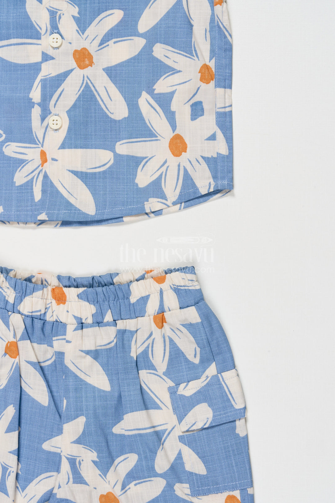 The Nesavu Boys Casual Set Boys Summer Cotton Floral Shirt and Shorts Set – Blue Nesavu Nesavu boys cotton summer floral shirt and shorts set in blue for casual outings