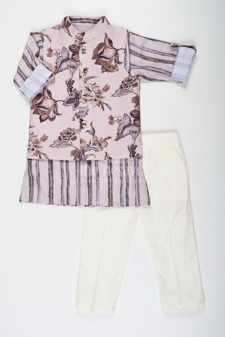 The Nesavu Boys Jacket Sets Boys Summer Shirt Set with Striped Kurta and Floral Digital Print Jacket in Soft Modal Cotton for Casual Charm Nesavu 16 (1Y) / Cream BCS234A-16 Boys Summer Shirt Set with Floral Digital Print Jacket and Striped Modal Cotton Kurta Outfit | The Nesavu