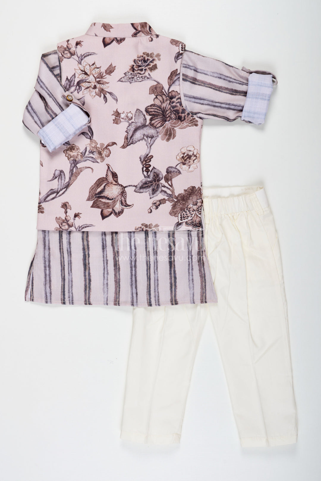 The Nesavu Boys Jacket Sets Boys Summer Shirt Set with Striped Kurta and Floral Digital Print Jacket in Soft Modal Cotton for Casual Charm Nesavu Boys Summer Shirt Set with Floral Digital Print Jacket and Striped Modal Cotton Kurta Outfit | The Nesavu