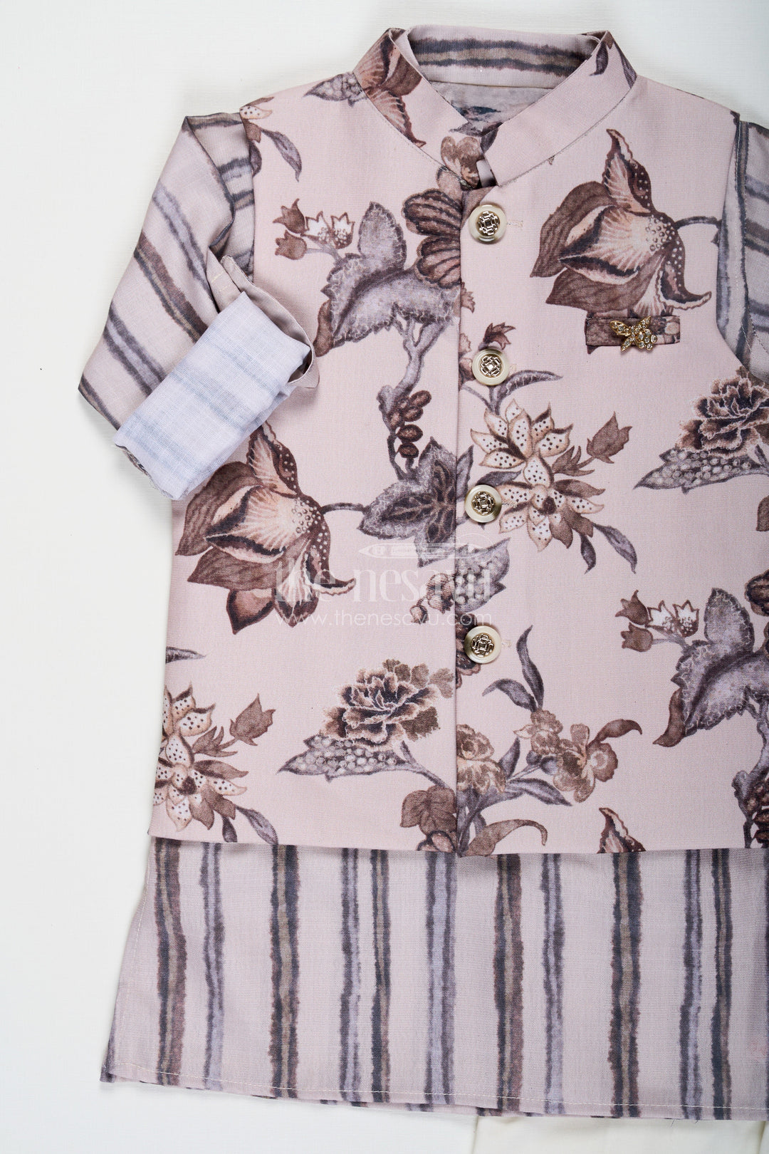 The Nesavu Boys Jacket Sets Boys Summer Shirt Set with Striped Kurta and Floral Digital Print Jacket in Soft Modal Cotton for Casual Charm Nesavu Boys Summer Shirt Set with Floral Digital Print Jacket and Striped Modal Cotton Kurta Outfit | The Nesavu