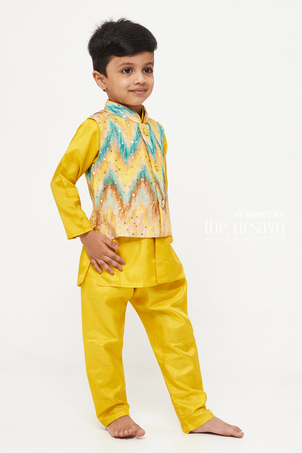 The Nesavu Boys Jacket Sets Boys Sunshine Yellow Kurta Pajama with Vibrant Jacket Set Nesavu Boys Yellow Kurta Pajama with Sequined Jacket | Festive Wear for Kids | The Nesavu