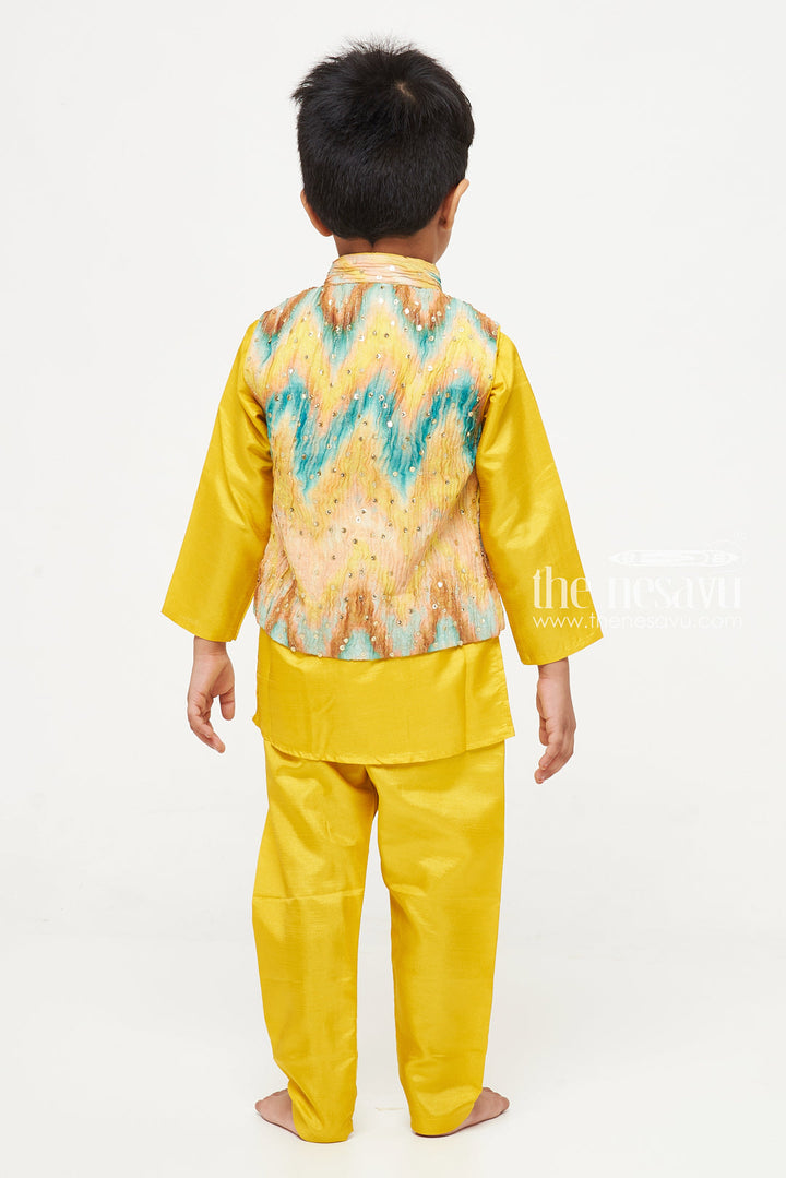 The Nesavu Boys Jacket Sets Boys Sunshine Yellow Kurta Pajama with Vibrant Jacket Set Nesavu Boys Yellow Kurta Pajama with Sequined Jacket | The Nesavu