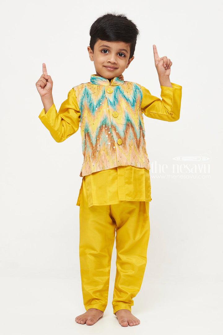 The Nesavu Boys Jacket Sets Boys Sunshine Yellow Kurta Pajama with Vibrant Jacket Set Nesavu Boys Yellow Kurta Pajama with Sequined Jacket | The Nesavu