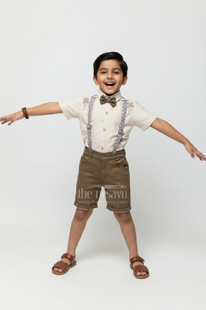 The Nesavu Boys Casual Set Boys Suspender Outfit Set for Photo Shoots and Festive Dressing Nesavu 14 (6M) / Cream BCS444A-14 Nesavu boys embroidered suspender set bow tie festive occasions photo shoots