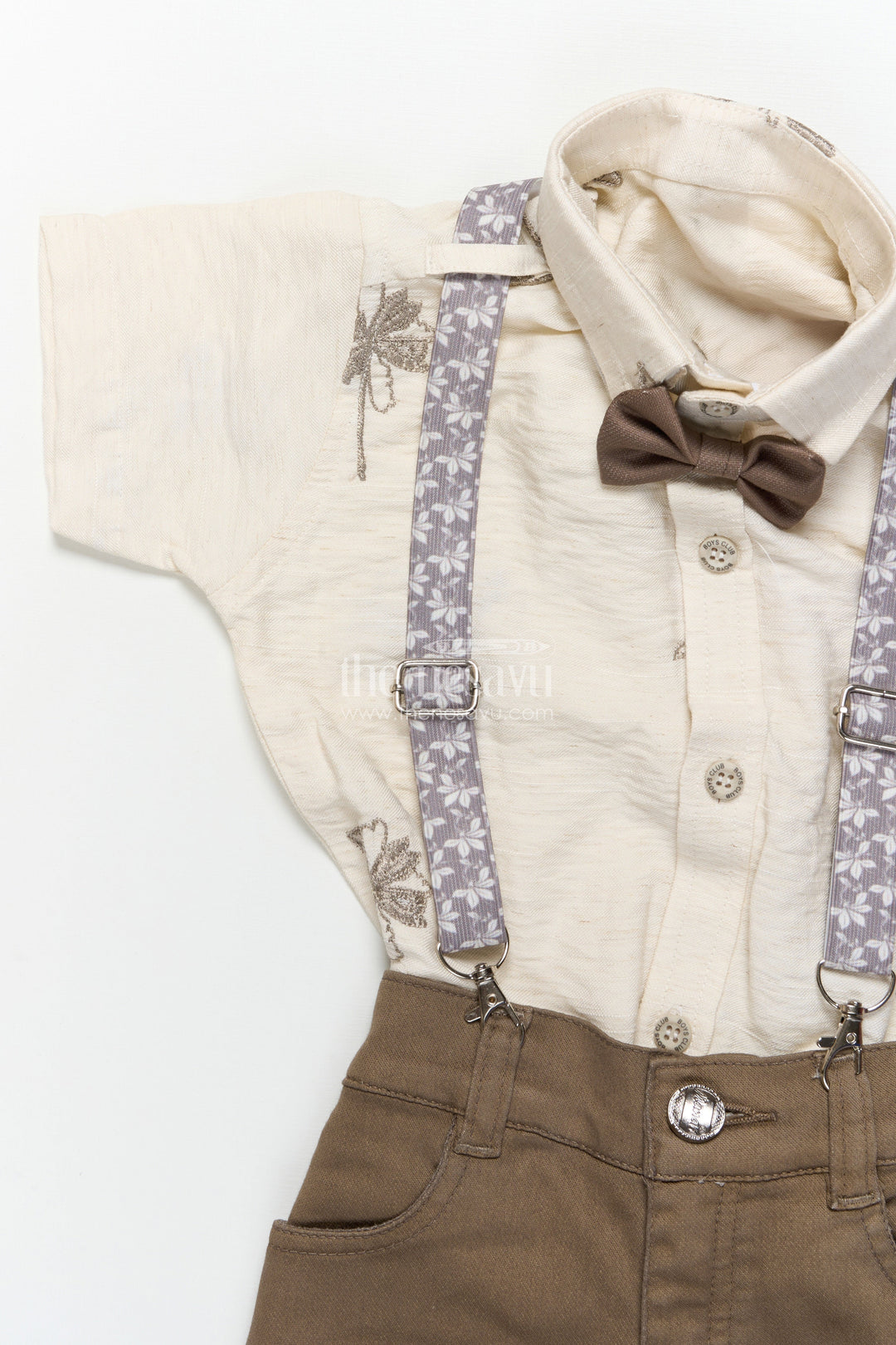The Nesavu Boys Casual Set Boys Suspender Outfit Set for Photo Shoots and Festive Dressing Nesavu Nesavu boys embroidered suspender set bow tie festive occasions photo shoots