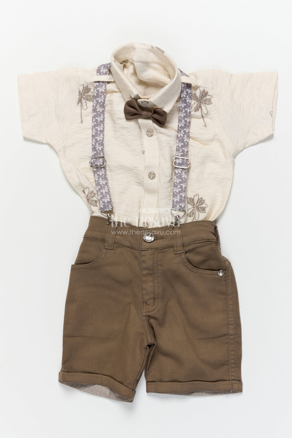 The Nesavu Boys Casual Set Boys Suspender Outfit Set for Photo Shoots and Festive Dressing Nesavu Nesavu boys embroidered suspender set bow tie festive occasions photo shoots
