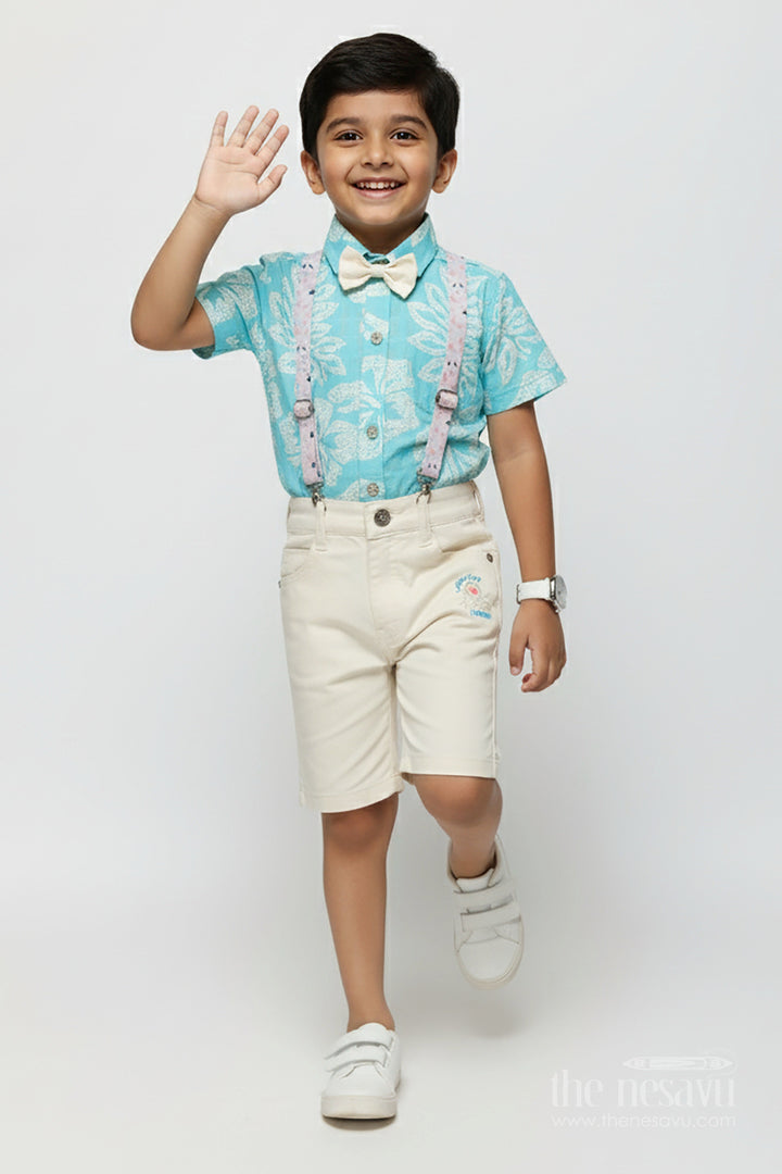 The Nesavu Boys Casual Set Boys Suspender Outfit Set with Leaf Print for Family Functions and Celebrations Nesavu 14 (6M) / Blue BCS448B-14 Nesavu boys tropical digital print suspender set bow tie family events celebrations