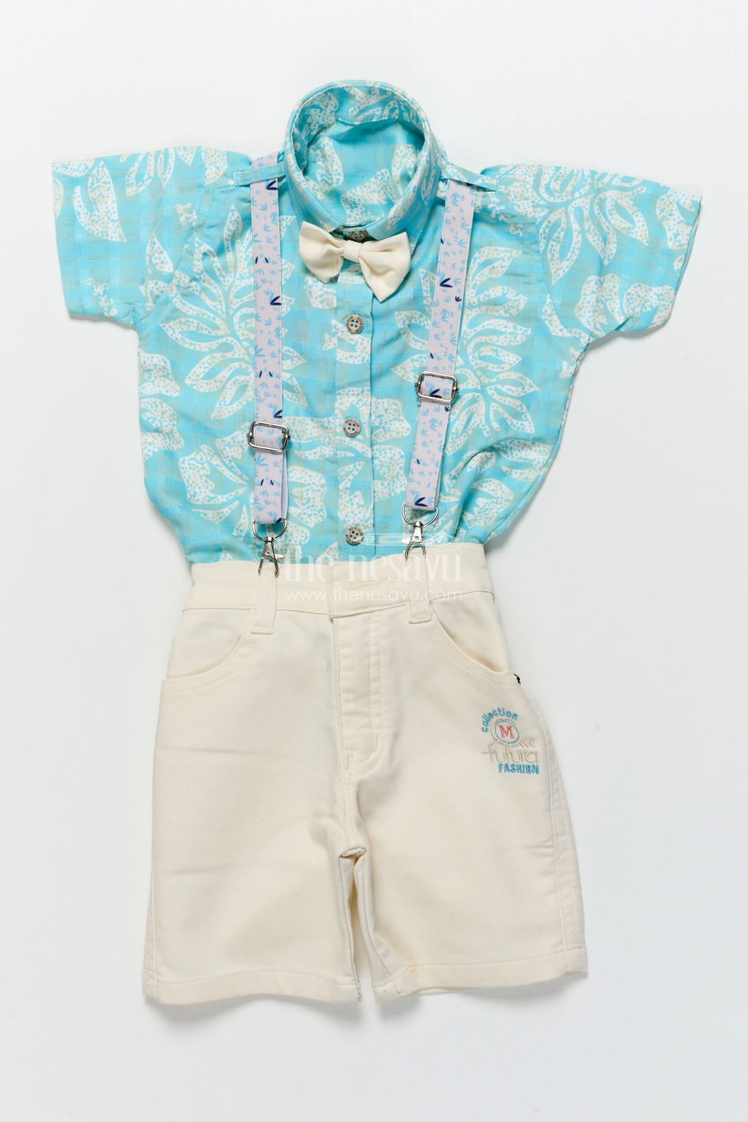 The Nesavu Boys Casual Set Boys Suspender Outfit Set with Leaf Print for Family Functions and Celebrations Nesavu Nesavu boys tropical digital print suspender set bow tie family events celebrations
