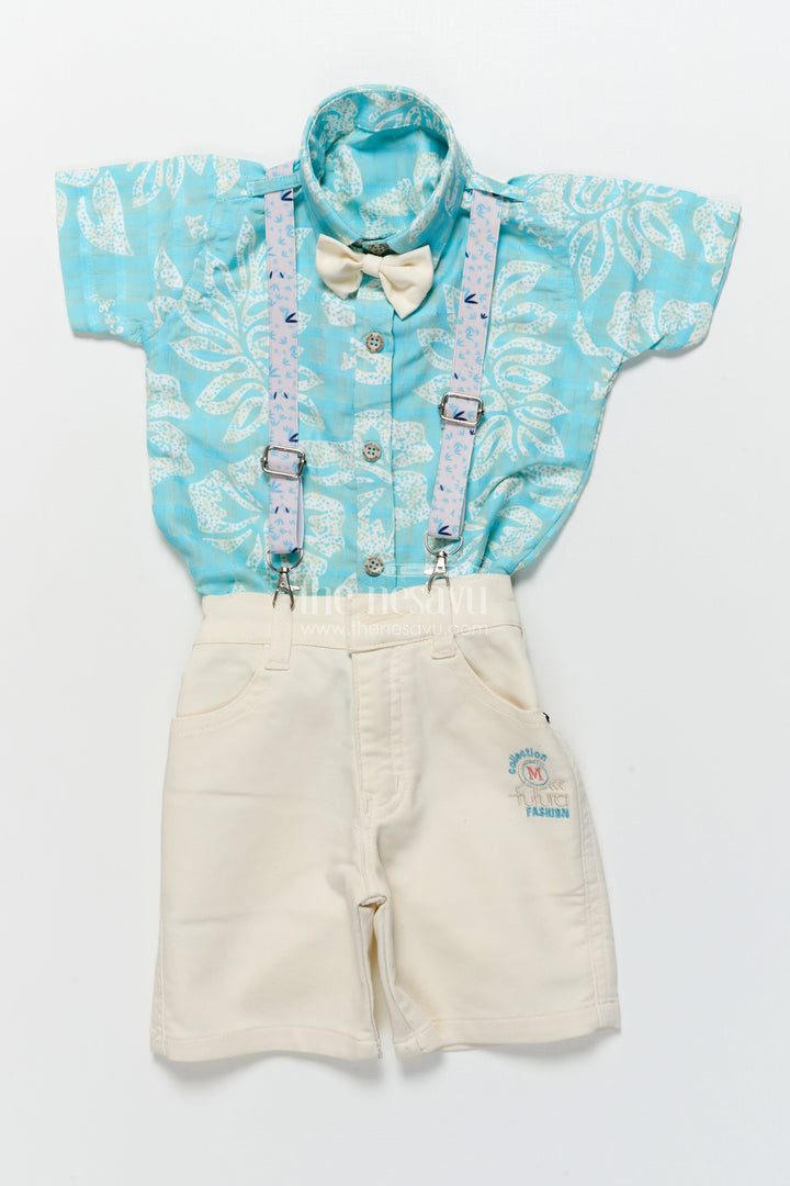 The Nesavu Boys Casual Set Boys Suspender Outfit Set with Leaf Print for Family Functions and Celebrations Nesavu Nesavu boys tropical digital print suspender set bow tie family events celebrations