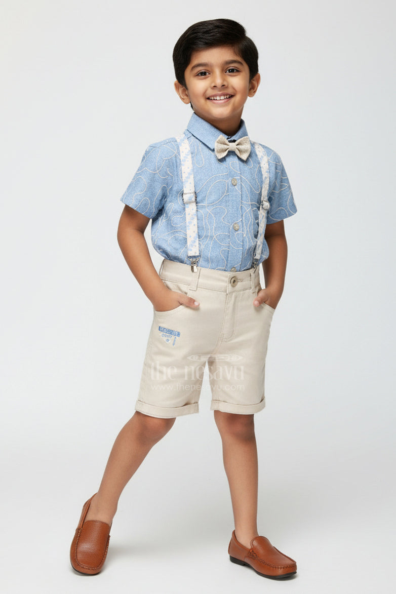 The Nesavu Boys Casual Set Boys Suspender Outfit with Embroidery and Bow Tie for Birthday Parties Nesavu 14 (6M) / blue BCS416B-14 Nesavu boys embroidered suspender set bow tie birthday celebrations photoshoots
