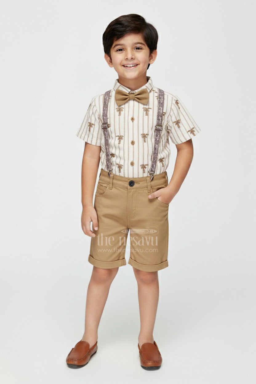 The Nesavu Boys Casual Set Boys Suspender Set with Embroidered Shirt for Birthday Party Nesavu 14 (6M) / Half white BCS412A-14 Nesavu boys embroidered cotton suspender set bow tie birthdays celebrations