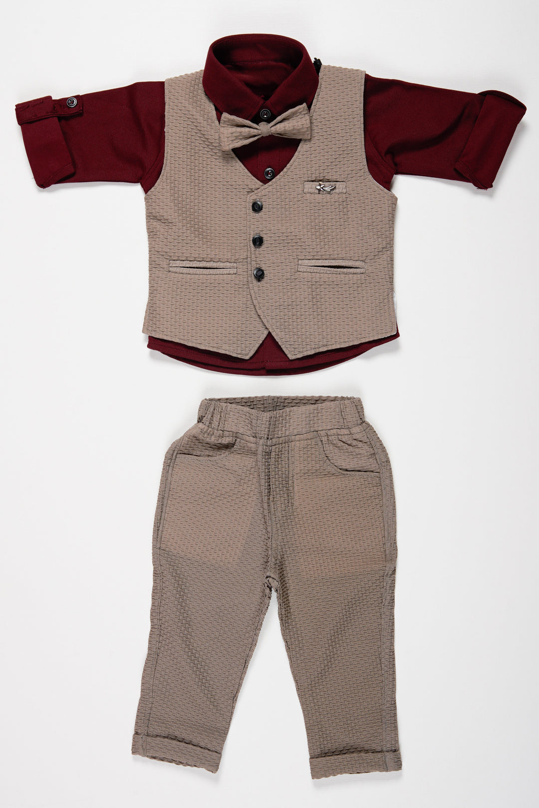 The Nesavu Boys Casual Set Boys Tailored Vest Suit Set with Contrast Trousers and Bow Tie Nesavu 10 (NB) / Gray / Cotton Linen BCS032A-10 Boys Olive and Maroon Formal Suit Set | Stylish Vest and Trousers | The Nesavu