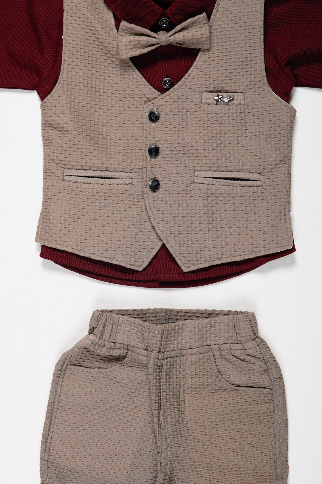 The Nesavu Boys Casual Set Boys Tailored Vest Suit Set with Contrast Trousers and Bow Tie Nesavu Boys Olive and Maroon Formal Suit Set | Stylish Vest and Trousers | The Nesavu